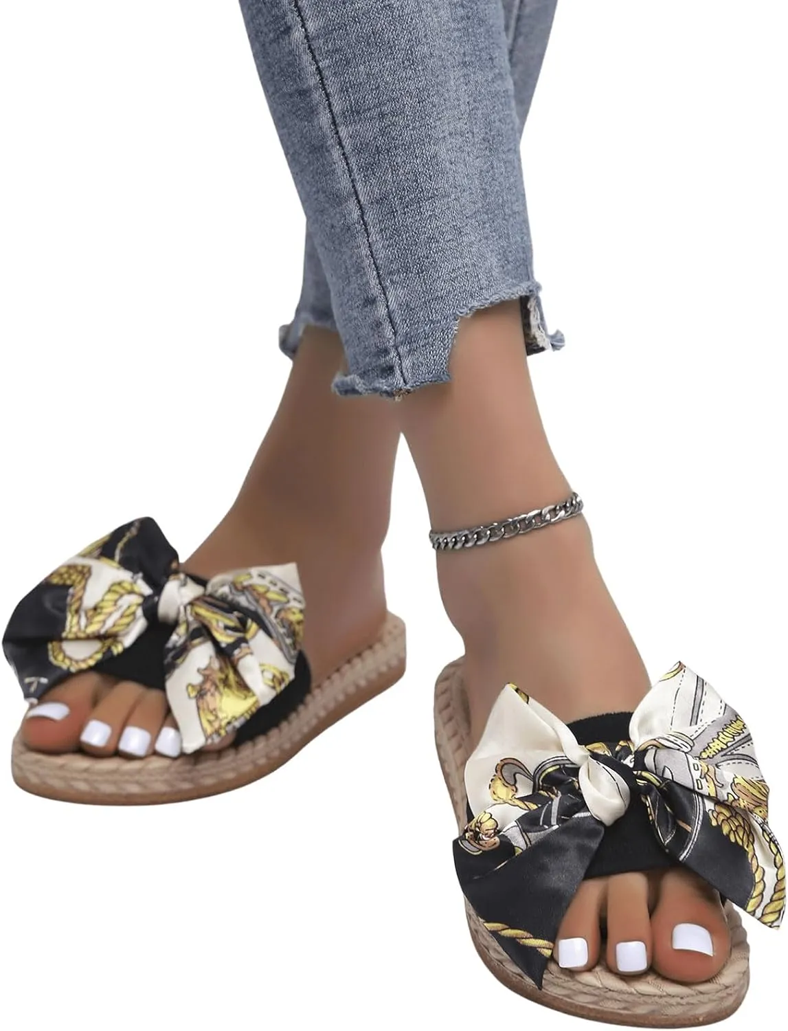 OYOANGLE Women's Bow Decor Slide Sandals Outdoor Flat Sandals Vacation Summer Open Toe Single Band Slip on Slide Sandal