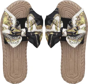 OYOANGLE Women's Bow Decor Slide Sandals Outdoor Flat Sandals Vacation Summer Open Toe Single Band Slip on Slide Sandal
