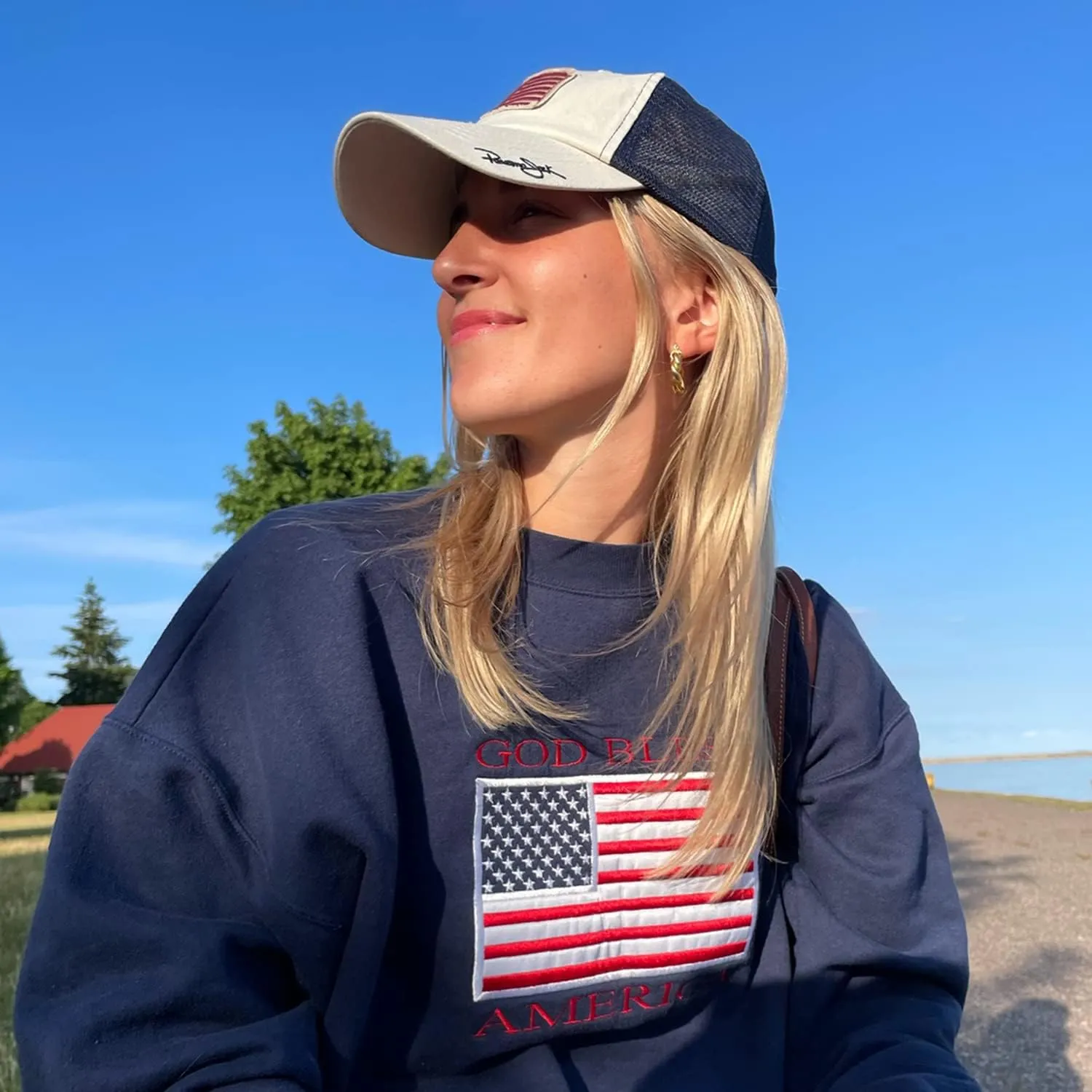 Panama Jack USA Baseball Cap - Lightweight, American Flag Patch, Mesh Backing, 3" Wide Bill Brim, T-Slide Closure