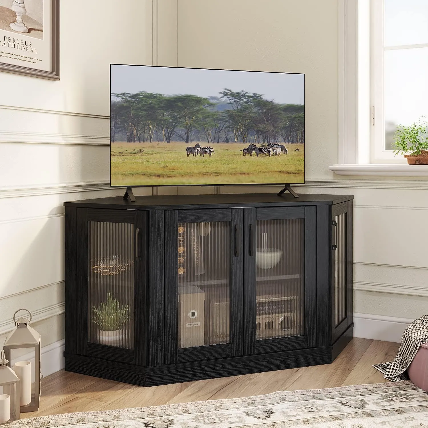 Panana Corner TV Stand - 47 Inch Media Console with 4 Doors and Shelves, Living Room Storage Entertainment Center for TVs up to 51 Inch (Black)