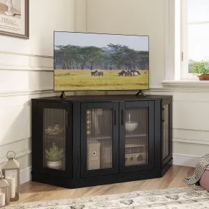 Panana Corner TV Stand - 47 Inch Media Console with 4 Doors and Shelves, Living Room Storage Entertainment Center for TVs up to 51 Inch (Black)