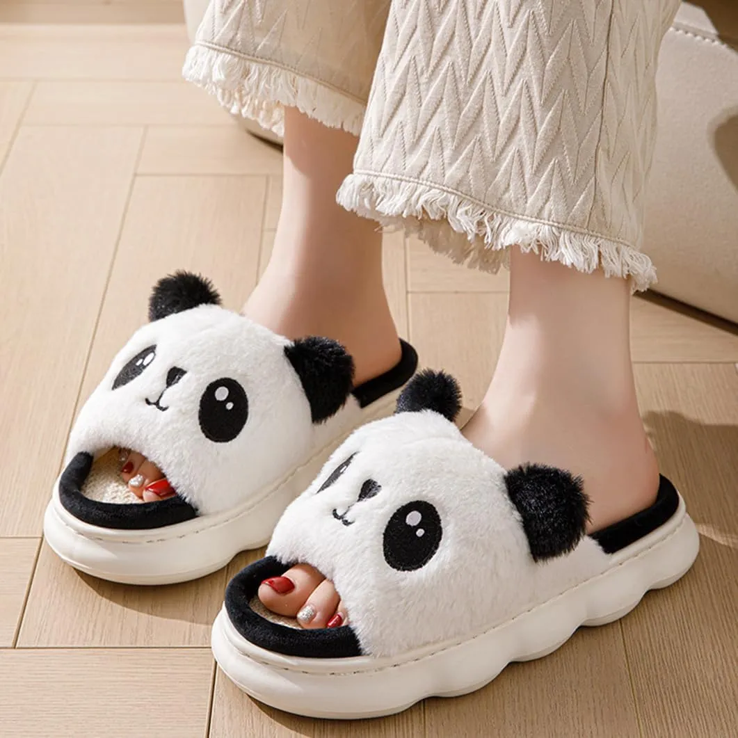 Panda Plush Animal House Slippers Summer Open Toe Linen Lightweight Slide, Warm & Soft Women's Men's Home Shoes for Indoor/Outdoor