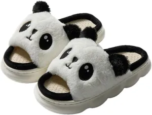 Panda Plush Animal House Slippers Summer Open Toe Linen Lightweight Slide, Warm & Soft Women's Men's Home Shoes for Indoor/Outdoor