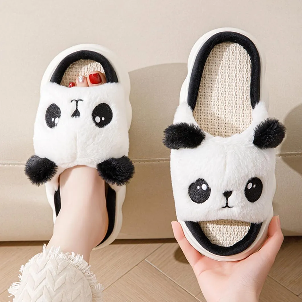 Panda Plush Animal House Slippers Summer Open Toe Linen Lightweight Slide, Warm & Soft Women's Men's Home Shoes for Indoor/Outdoor