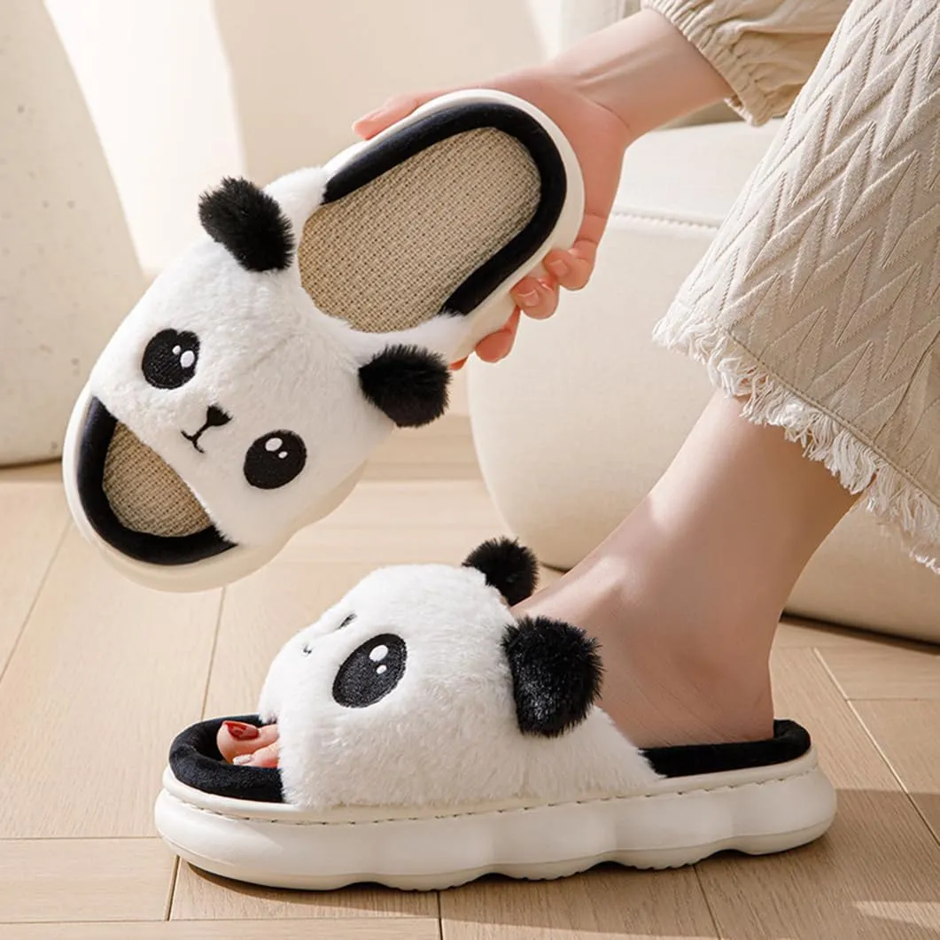 Panda Plush Animal House Slippers Summer Open Toe Linen Lightweight Slide, Warm & Soft Women's Men's Home Shoes for Indoor/Outdoor