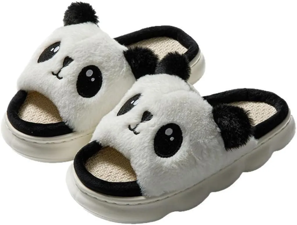 Panda Plush Animal House Slippers Summer Open Toe Linen Lightweight Slide, Warm & Soft Women's Men's Home Shoes for Indoor/Outdoor