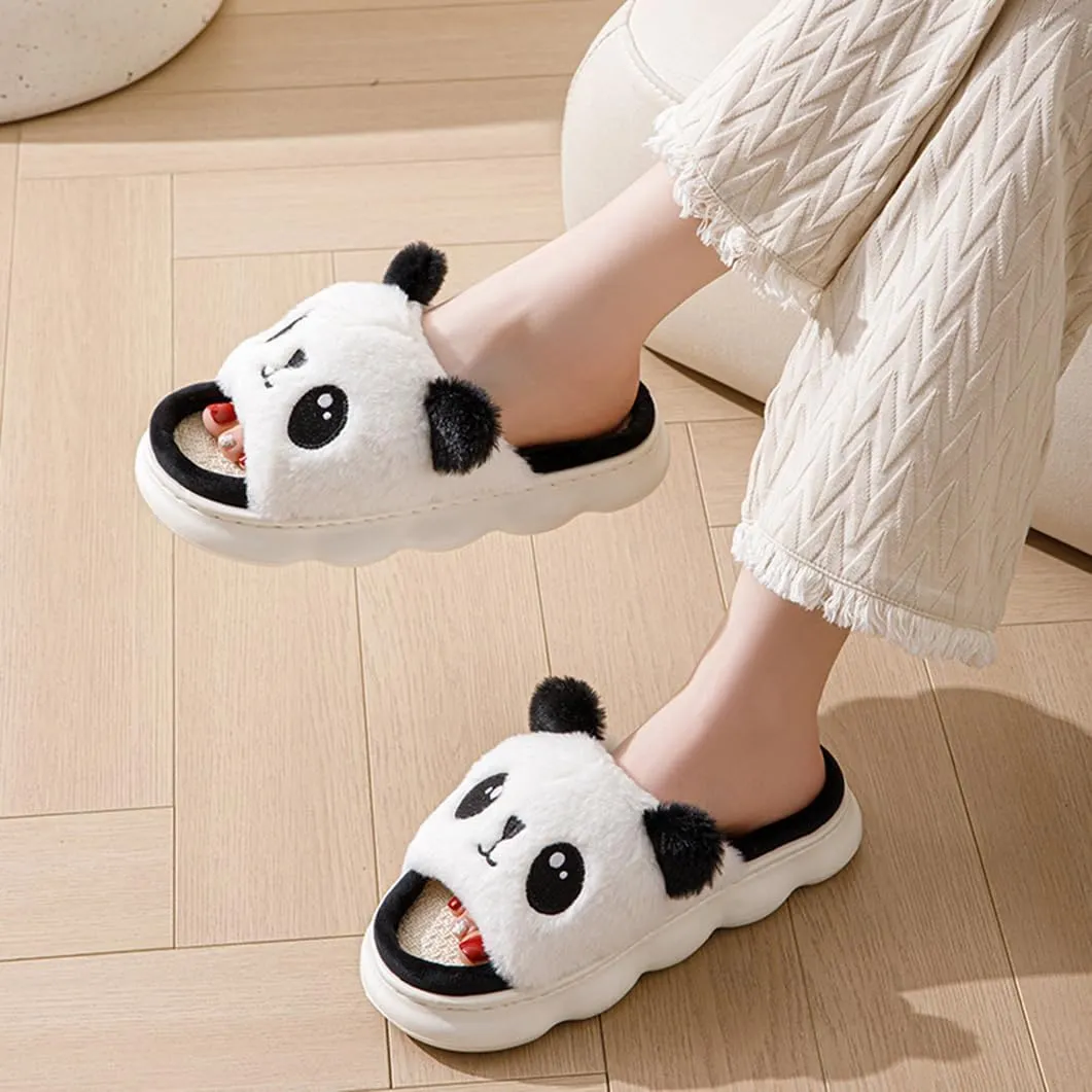 Panda Plush Animal House Slippers Summer Open Toe Linen Lightweight Slide, Warm & Soft Women's Men's Home Shoes for Indoor/Outdoor