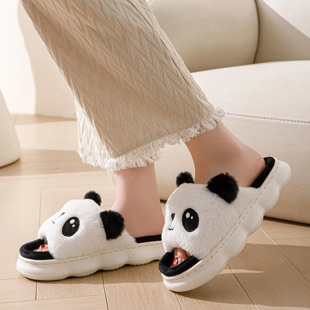Panda Plush Animal House Slippers Summer Open Toe Linen Lightweight Slide, Warm & Soft Women's Men's Home Shoes for Indoor/Outdoor