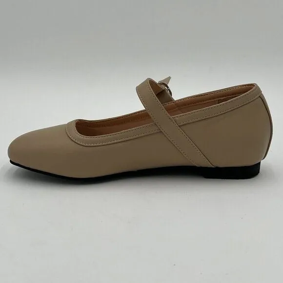 Pazzion Nude Comfortable Squared Toe Mary Jane Flats Easy Strap Buckled Shoes
