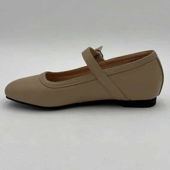 Pazzion Nude Comfortable Squared Toe Mary Jane Flats Easy Strap Buckled Shoes
