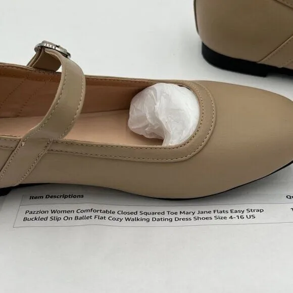 Pazzion Nude Comfortable Squared Toe Mary Jane Flats Easy Strap Buckled Shoes