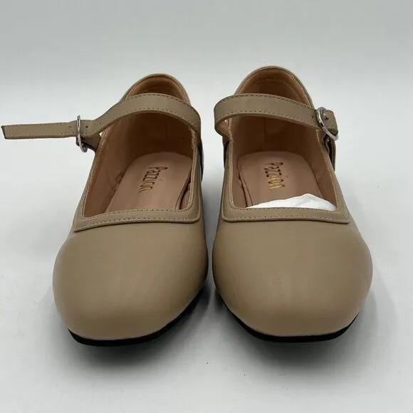 Pazzion Nude Comfortable Squared Toe Mary Jane Flats Easy Strap Buckled Shoes