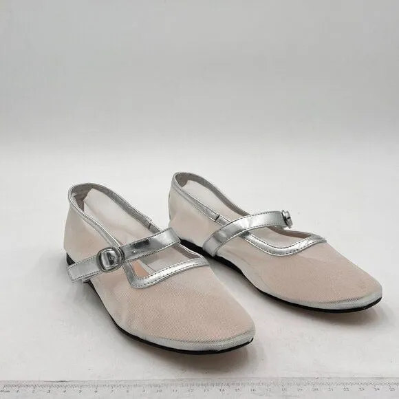 Pazzion Silver Mesh Squared Toe Mary Jane Easy Strap Buckled Slip On Ballet Flat