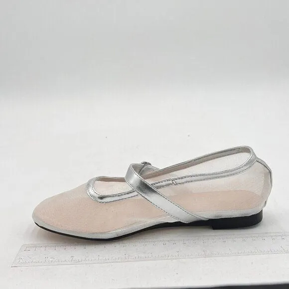 Pazzion Silver Mesh Squared Toe Mary Jane Easy Strap Buckled Slip On Ballet Flat