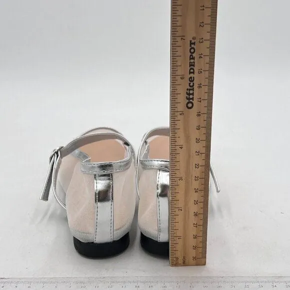 Pazzion Silver Mesh Squared Toe Mary Jane Easy Strap Buckled Slip On Ballet Flat