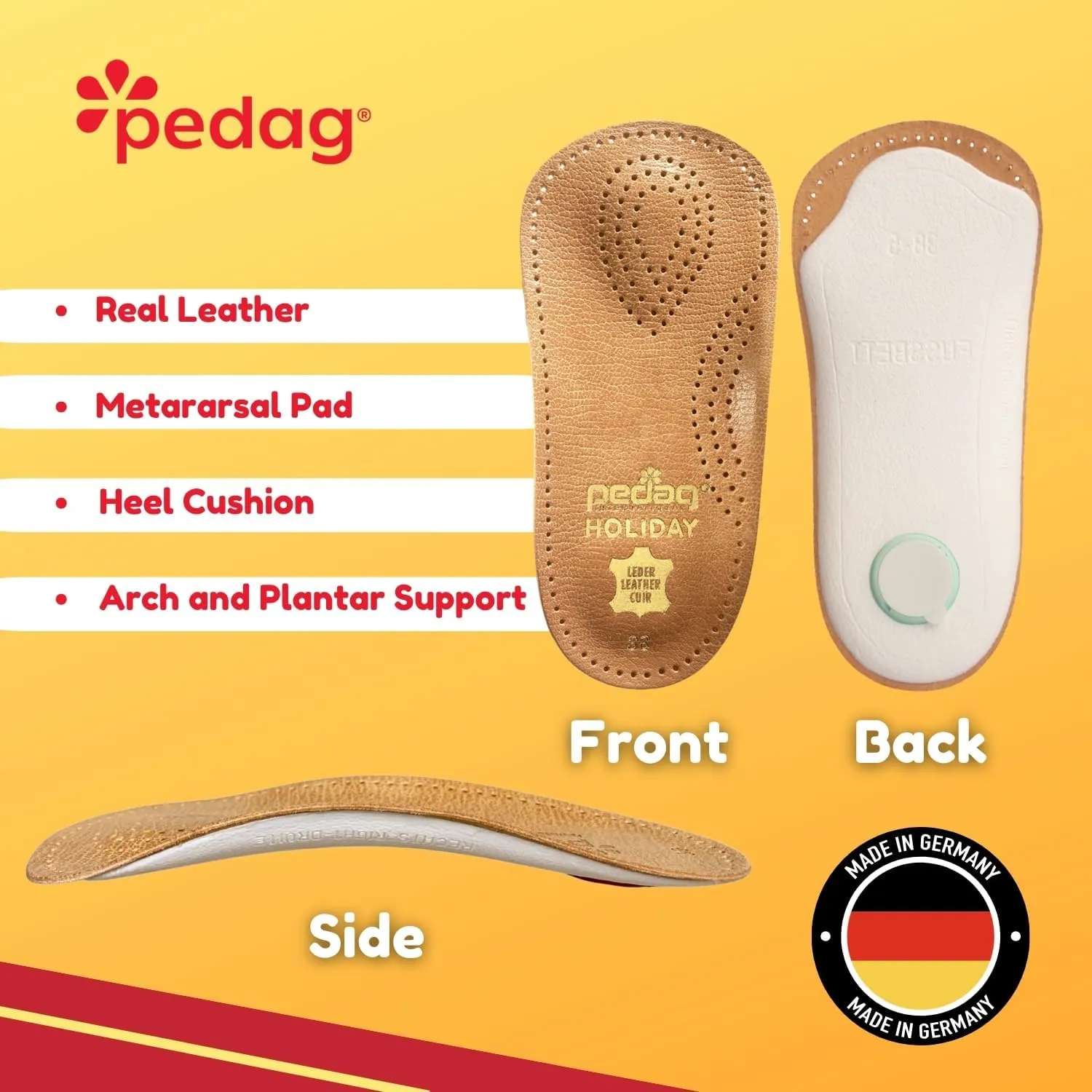 Pedag Holiday | 3/4 Length Sheepskin Orthotic Inserts | Handmade in Germany | Arch Support | Metatarsal Pad | Heel Cushion | Fits Low Profile Tight Shoes | Tan | 1 Pair | US Women 7 / EU 37