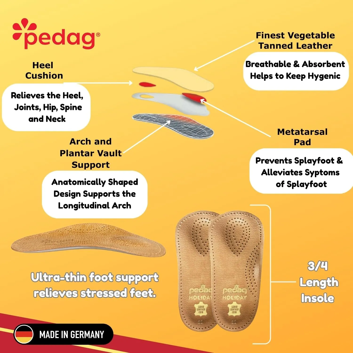 Pedag Holiday | 3/4 Length Sheepskin Orthotic Inserts | Handmade in Germany | Arch Support | Metatarsal Pad | Heel Cushion | Fits Low Profile Tight Shoes | Tan | 1 Pair | US Women 7 / EU 37