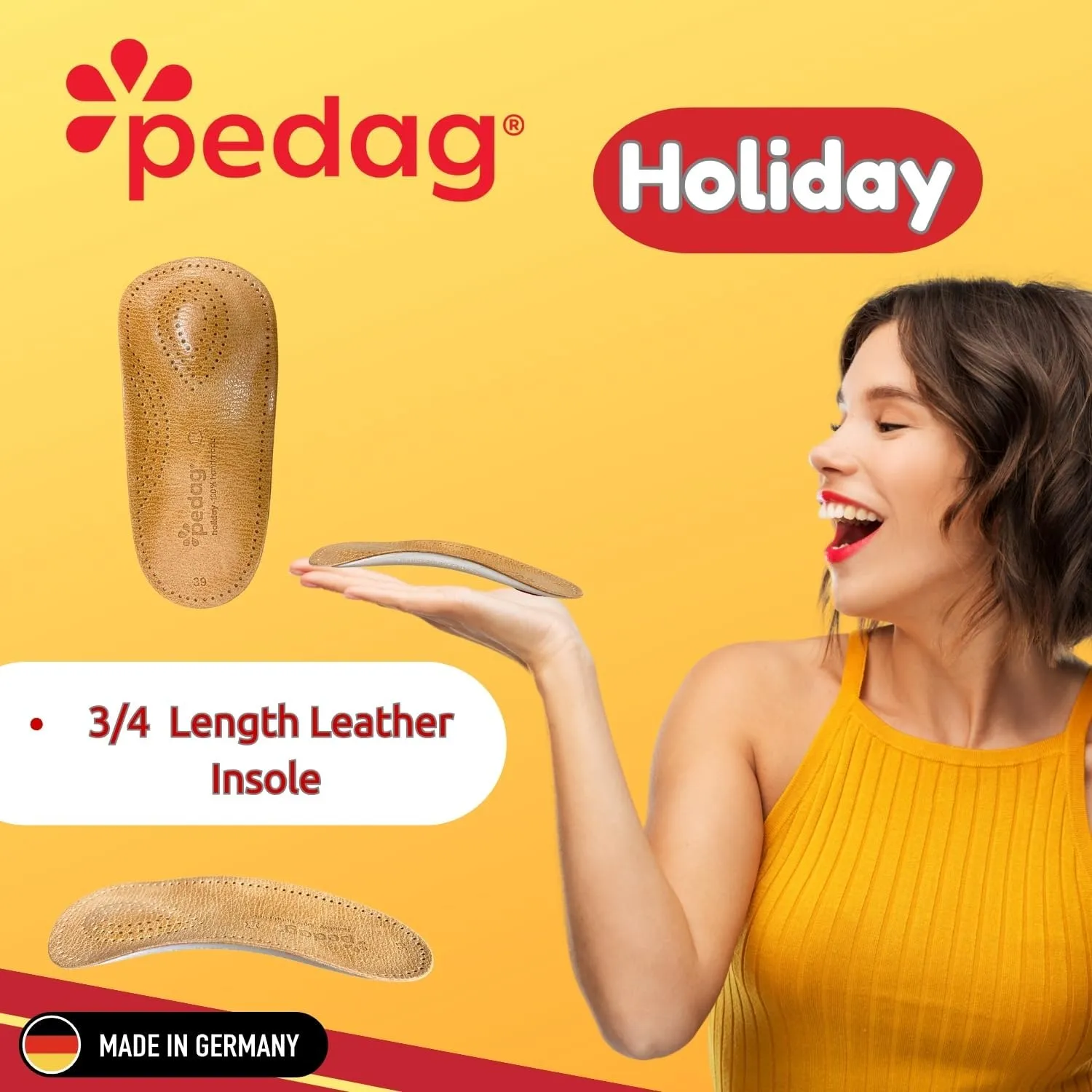 Pedag Holiday | 3/4 Length Sheepskin Orthotic Inserts | Handmade in Germany | Arch Support | Metatarsal Pad | Heel Cushion | Fits Low Profile Tight Shoes | Tan | 1 Pair | US Women 7 / EU 37
