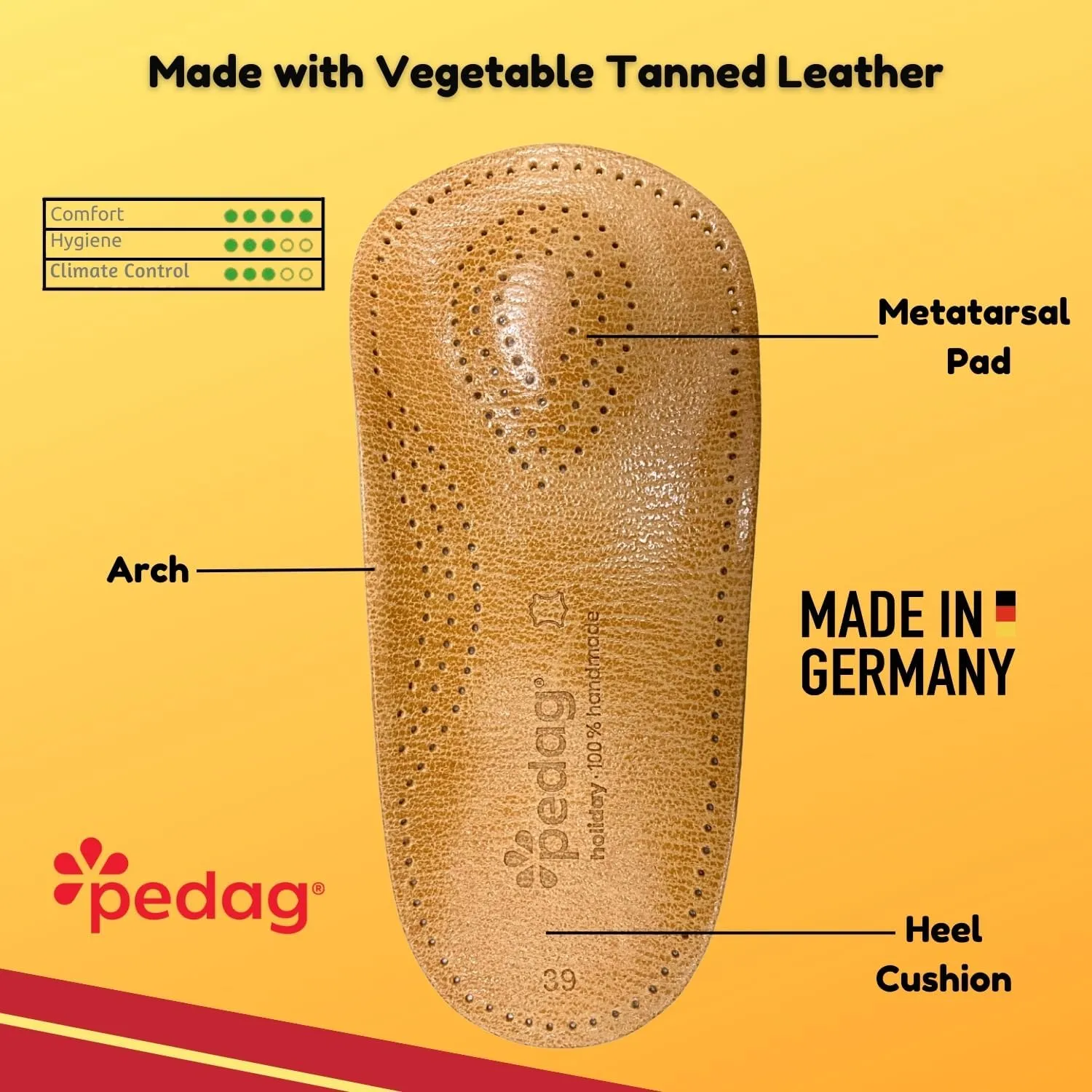 Pedag Holiday | 3/4 Length Sheepskin Orthotic Inserts | Handmade in Germany | Arch Support | Metatarsal Pad | Heel Cushion | Fits Low Profile Tight Shoes | Tan | 1 Pair | US Women 7 / EU 37