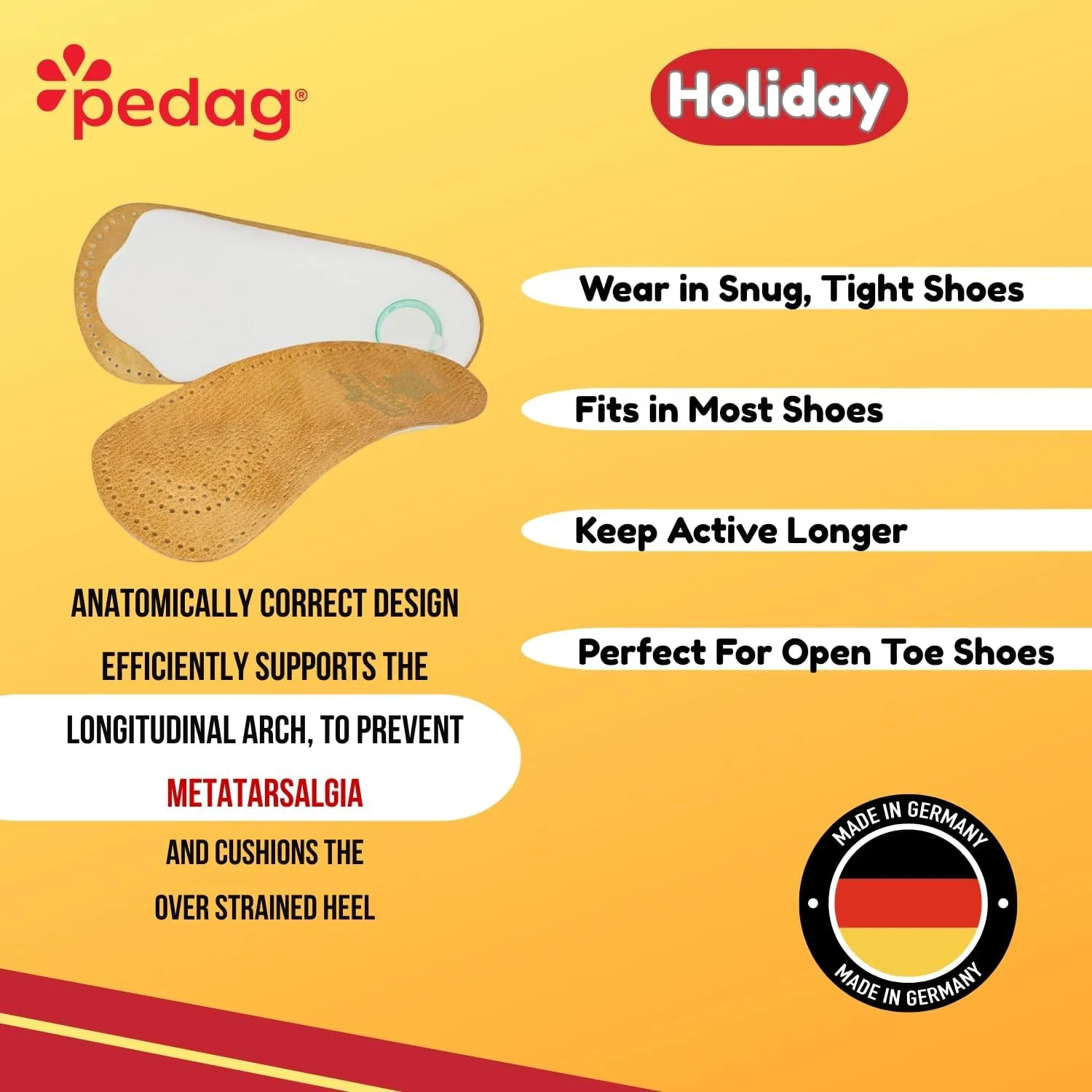 Pedag Holiday | 3/4 Length Sheepskin Orthotic Inserts | Handmade in Germany | Arch Support | Metatarsal Pad | Heel Cushion | Fits Low Profile Tight Shoes | Tan | 1 Pair | US Women 7 / EU 37