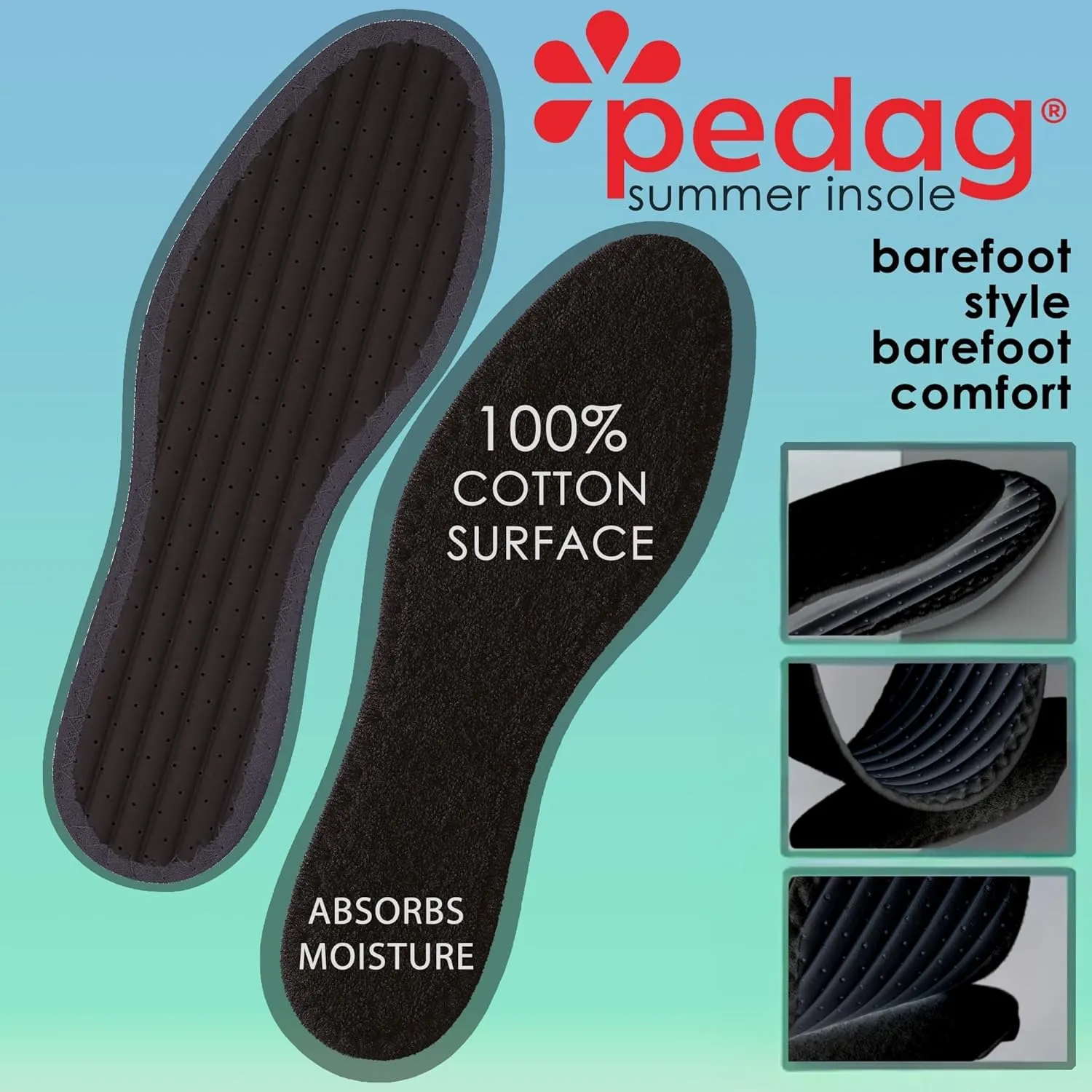 Pedag Summer | Terry Cotton Sockless Insoles | Barefoot Insert | Handmade in Germany | Absorbs Sweat & Controls Odor | Wear Without Socks | Washable | US Women 8/ Men 5/ EU 38 | Black | 3 Pair