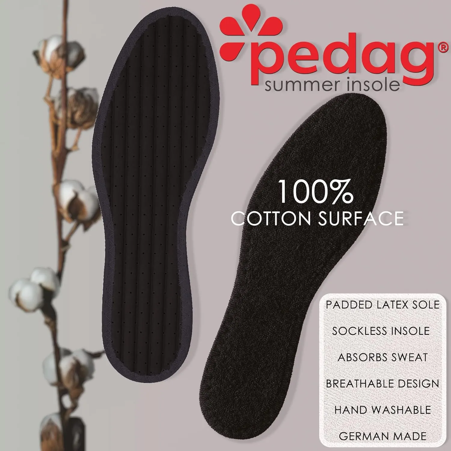 Pedag Summer | Terry Cotton Sockless Insoles | Barefoot Insert | Handmade in Germany | Absorbs Sweat & Controls Odor | Wear Without Socks | Washable | US Women 8/ Men 5/ EU 38 | Black | 3 Pair