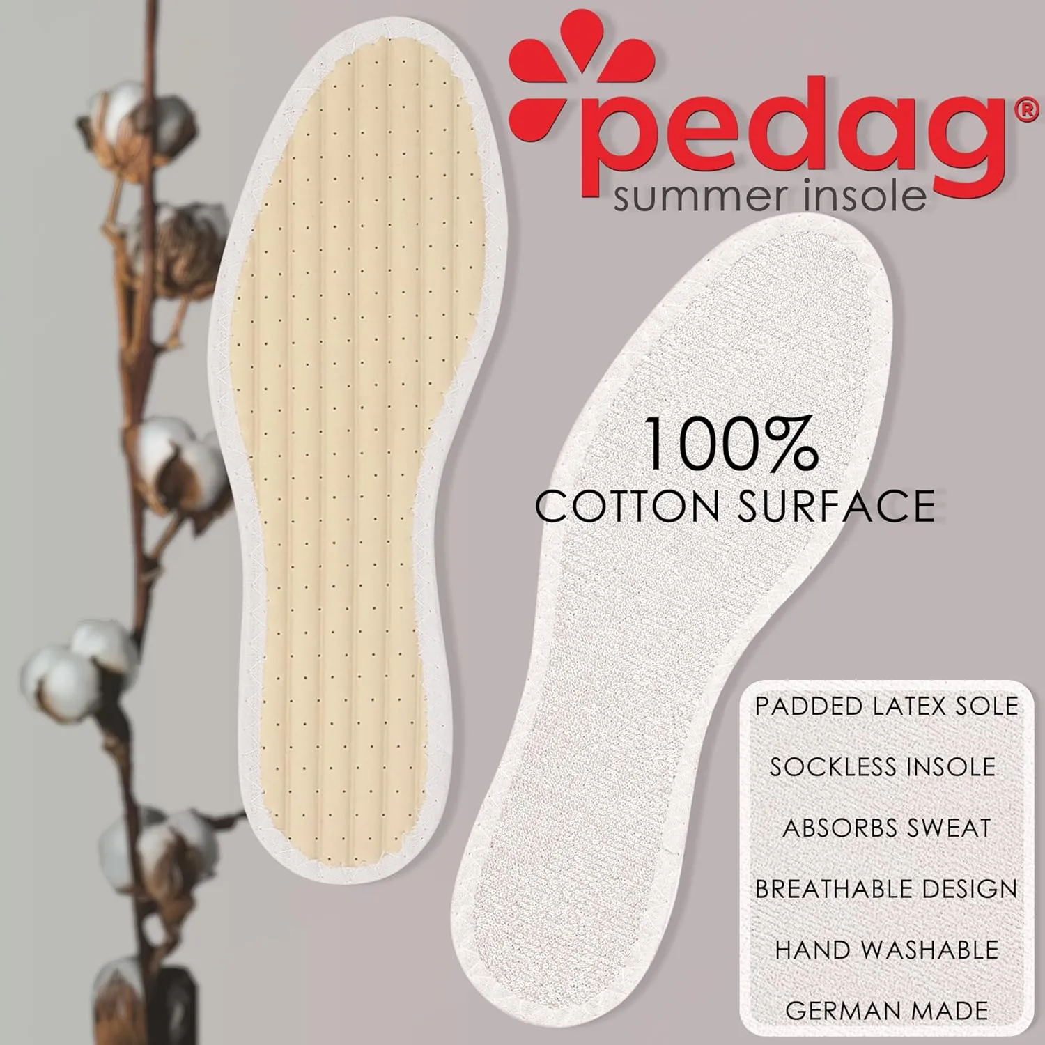 Pedag Summer | Terry Cotton Sockless Insoles | Barefoot Inserts | Handmade in Germany | Absorbs Sweat & Controls Odor | Wear Without Socks | Washable | US Women 8/ Men 5/ EU 38 | White | 3 Pair