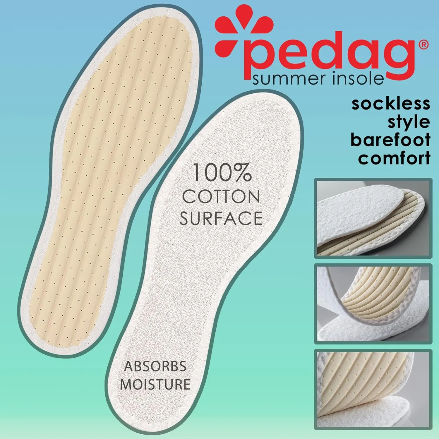 Pedag Summer | Terry Cotton Sockless Insoles | Barefoot Inserts | Handmade in Germany | Absorbs Sweat & Controls Odor | Wear Without Socks | Washable | US Women 8/ Men 5/ EU 38 | White | 3 Pair