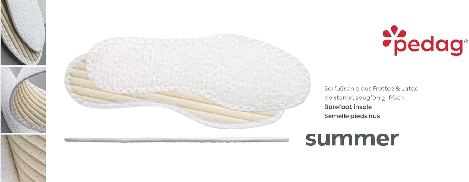 Pedag Summer | Terry Cotton Sockless Insoles | Barefoot Inserts | Handmade in Germany | Absorbs Sweat & Controls Odor | Wear Without Socks | Washable | US Women 8/ Men 5/ EU 38 | White | 3 Pair