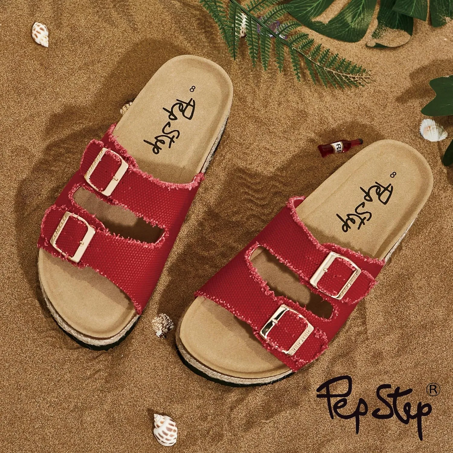 PepStep Slide Sandals for Women with Soft Cork Footbed and Strap, Ladies Fashion Platform Slide Sandals Comfortable Slip On Style