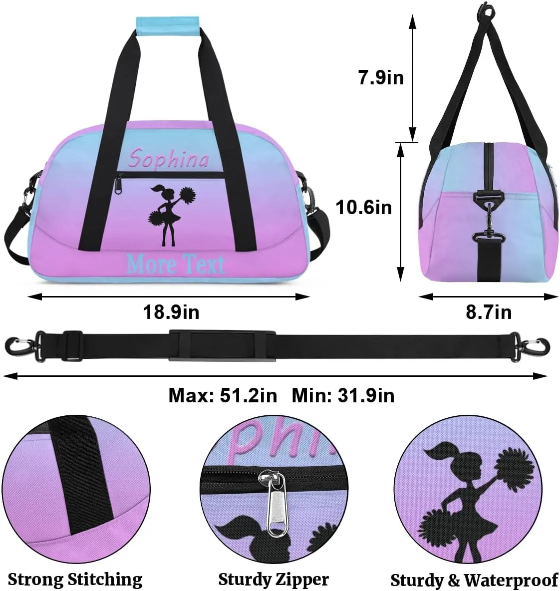 Personalized cheer Bag with Name Custom Sport Duffle Bag for Kids Girls and Boys Overnight Sleepover Bag Travel Bag Weekender Bag for Dance Gift purple blue cheer