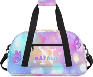 Personalized Kids Sports Duffel Bag with Name Custom Gym Dance Bag for Boys Girls Waterproof Weekender Overnight Bag for Travel Cheerleading Gymnastics Colorful Butterflies