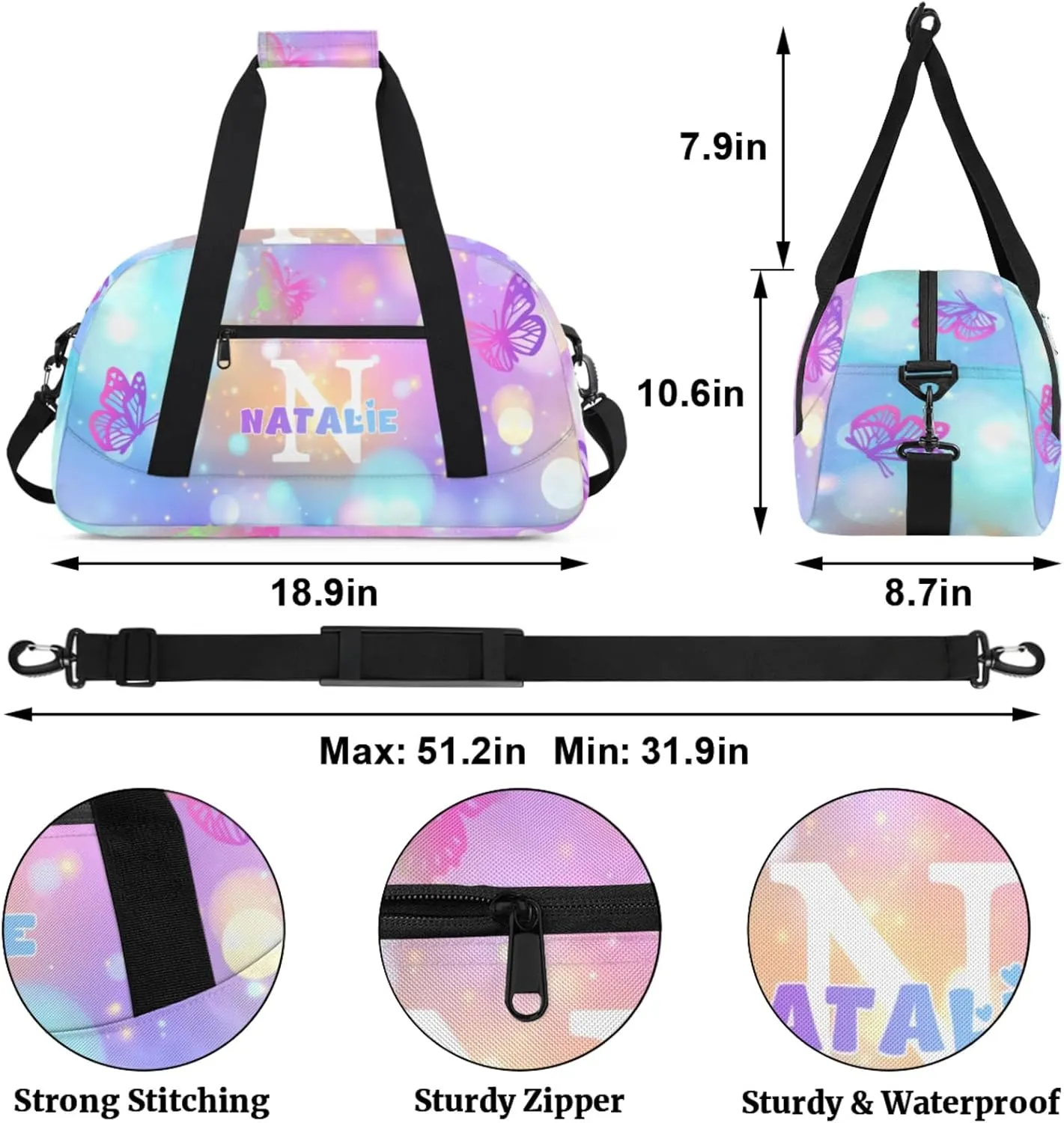 Personalized Kids Sports Duffel Bag with Name Custom Gym Dance Bag for Boys Girls Waterproof Weekender Overnight Bag for Travel Cheerleading Gymnastics Colorful Butterflies