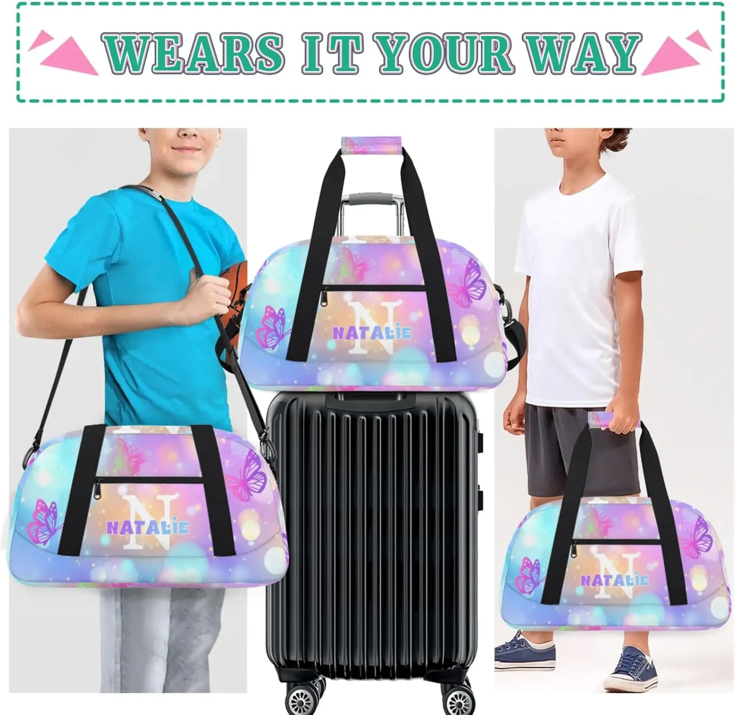 Personalized Kids Sports Duffel Bag with Name Custom Gym Dance Bag for Boys Girls Waterproof Weekender Overnight Bag for Travel Cheerleading Gymnastics Colorful Butterflies
