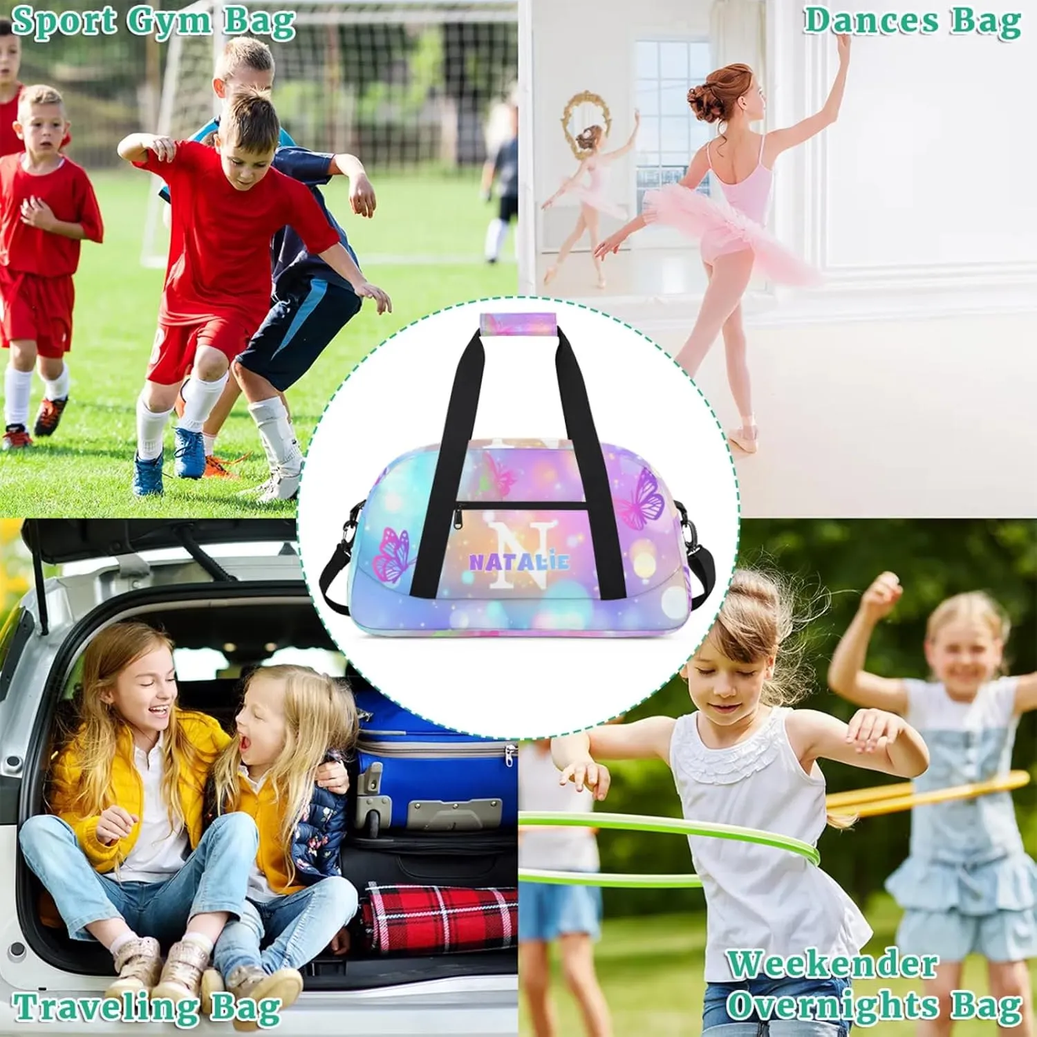 Personalized Kids Sports Duffel Bag with Name Custom Gym Dance Bag for Boys Girls Waterproof Weekender Overnight Bag for Travel Cheerleading Gymnastics Colorful Butterflies