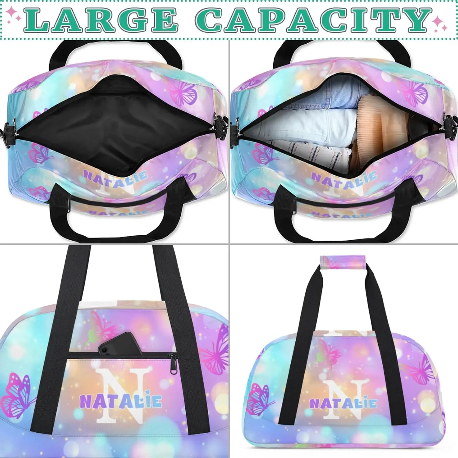 Personalized Kids Sports Duffel Bag with Name Custom Gym Dance Bag for Boys Girls Waterproof Weekender Overnight Bag for Travel Cheerleading Gymnastics Colorful Butterflies