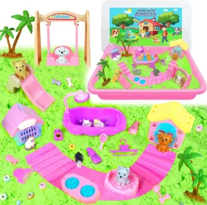 Pet Sensory Bin, Cat and Dog Sensory Bin for Toddlers Kids, Sensory Play Sand Art Kit Set with Sandbox & Tools & Pet Care Set, Indoor Outdoor Pretend Play Beach Toy Gift for Girls Boys 3 4 5 6 7 8
