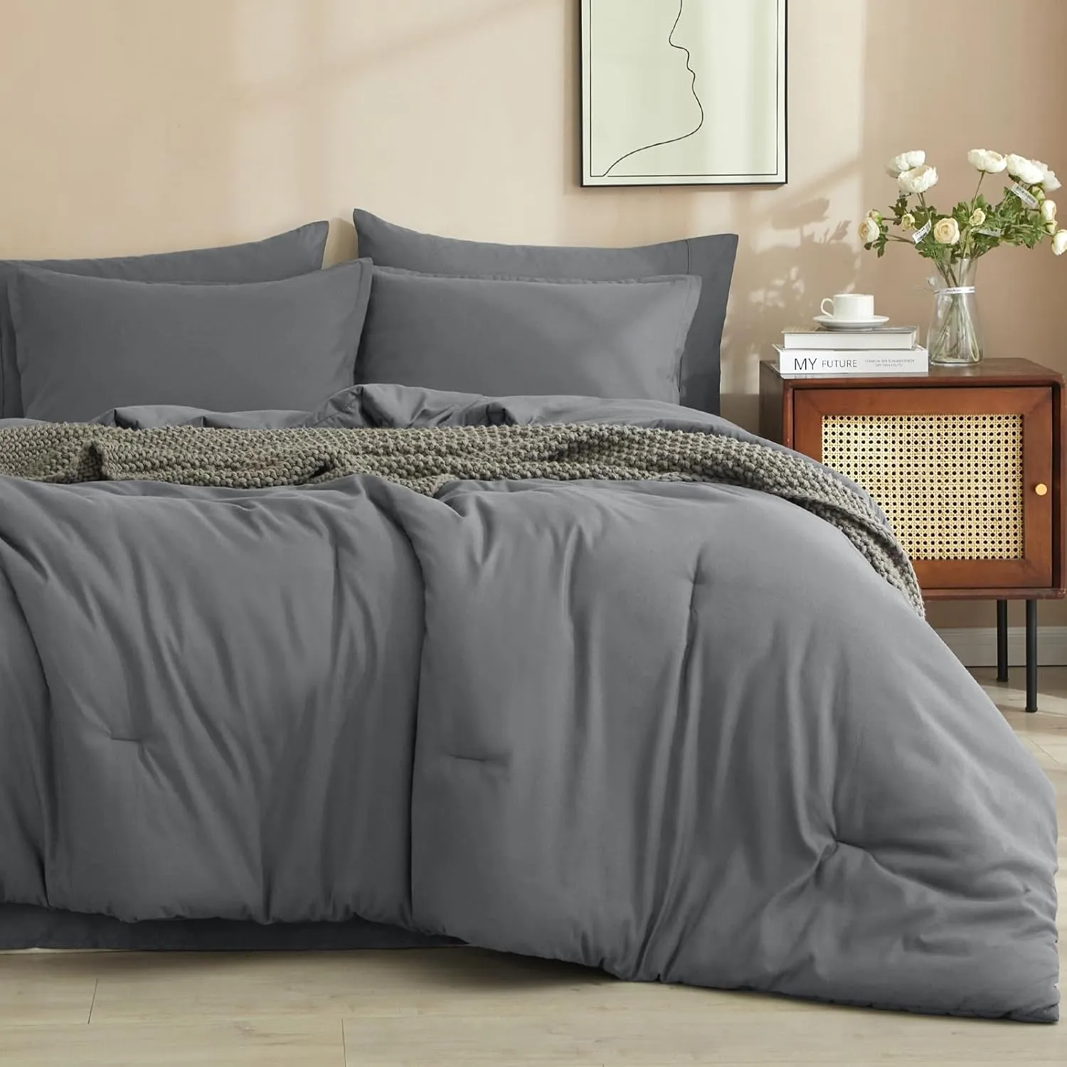 PHF 7 Pieces Queen Comforter Set, Lightweight Bed in A Bag & 18" Sheet Set for All Season, Ultra Soft Cozy Bedding with Comforter, Sheets, Pillowcases & Shams, Dark Grey