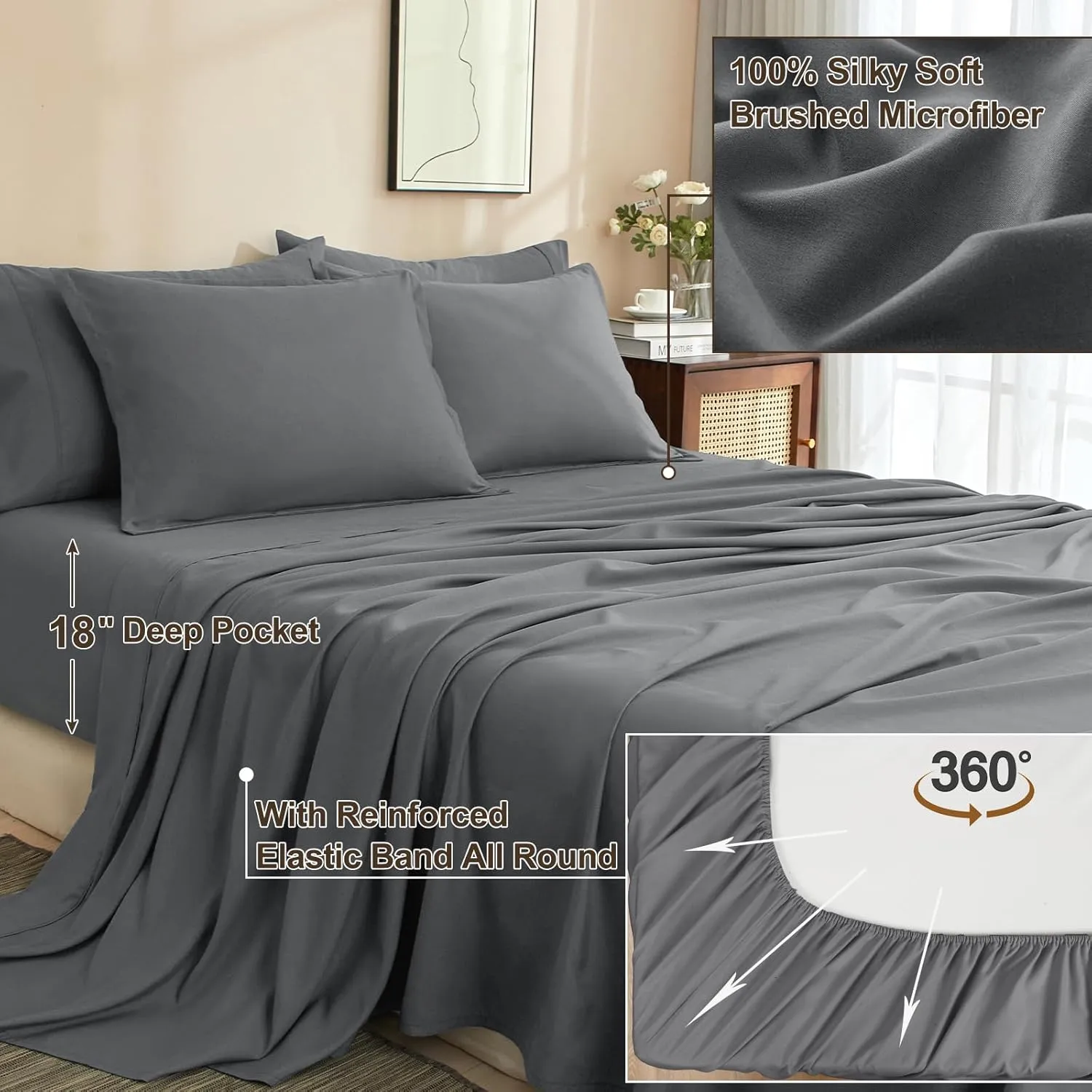 PHF 7 Pieces Queen Comforter Set, Lightweight Bed in A Bag & 18" Sheet Set for All Season, Ultra Soft Cozy Bedding with Comforter, Sheets, Pillowcases & Shams, Dark Grey