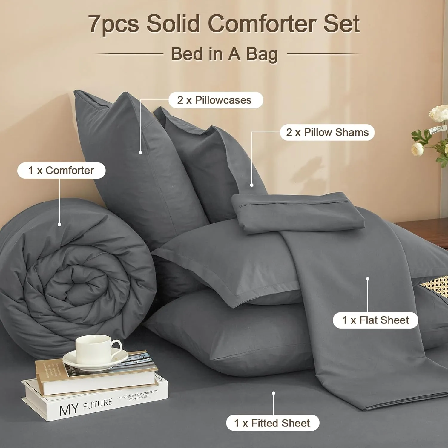 PHF 7 Pieces Queen Comforter Set, Lightweight Bed in A Bag & 18" Sheet Set for All Season, Ultra Soft Cozy Bedding with Comforter, Sheets, Pillowcases & Shams, Dark Grey