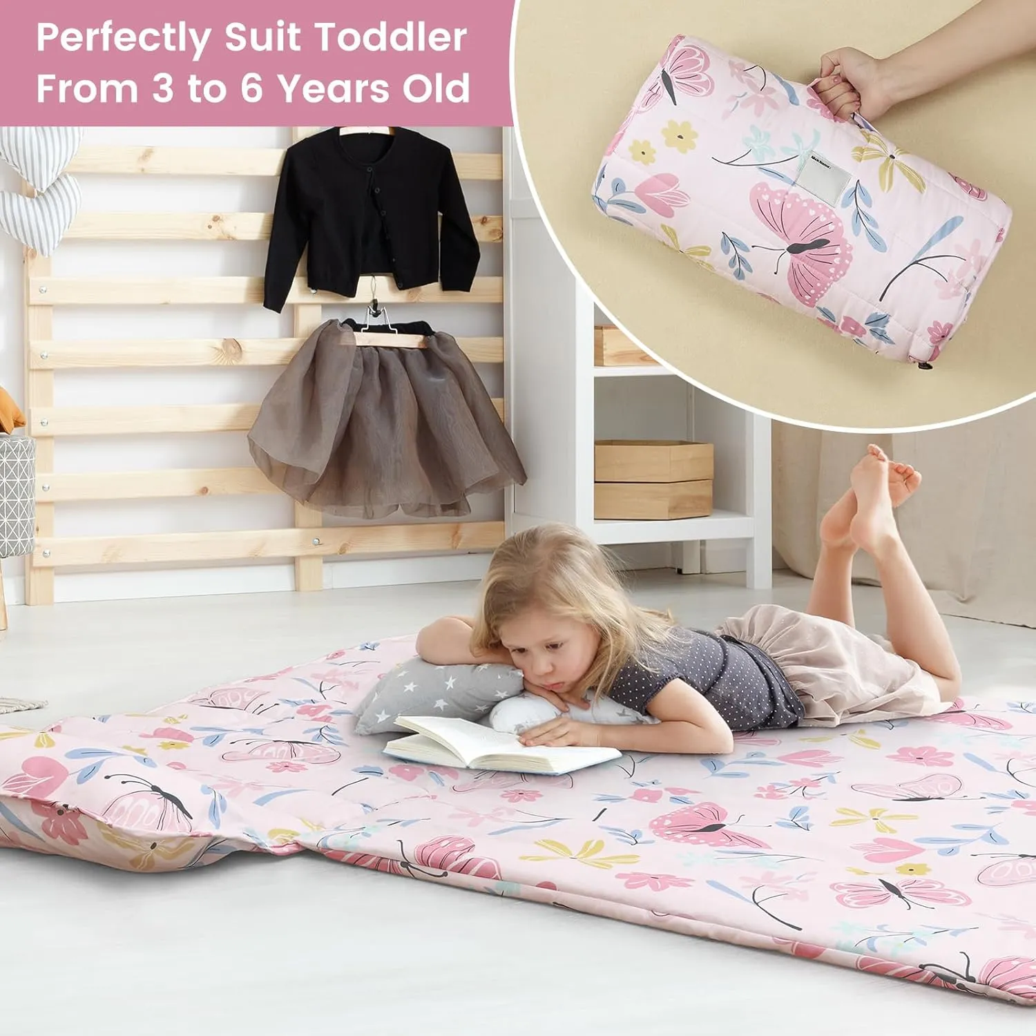 PHF Butterfly Toddler Nap Mat Set, with Removable Pillow for Toddler Girls, Soft and Lightweight for Daycare, Preschool, Travel, Kindergarten Sleeping Bag, Fits Ages 3-6 Years, Butterfly