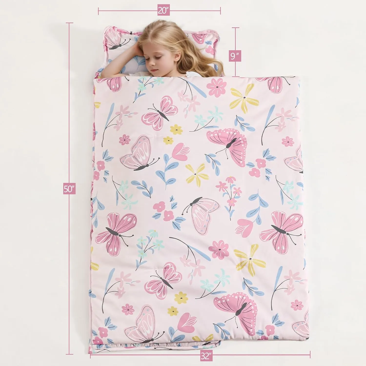 PHF Butterfly Toddler Nap Mat Set, with Removable Pillow for Toddler Girls, Soft and Lightweight for Daycare, Preschool, Travel, Kindergarten Sleeping Bag, Fits Ages 3-6 Years, Butterfly