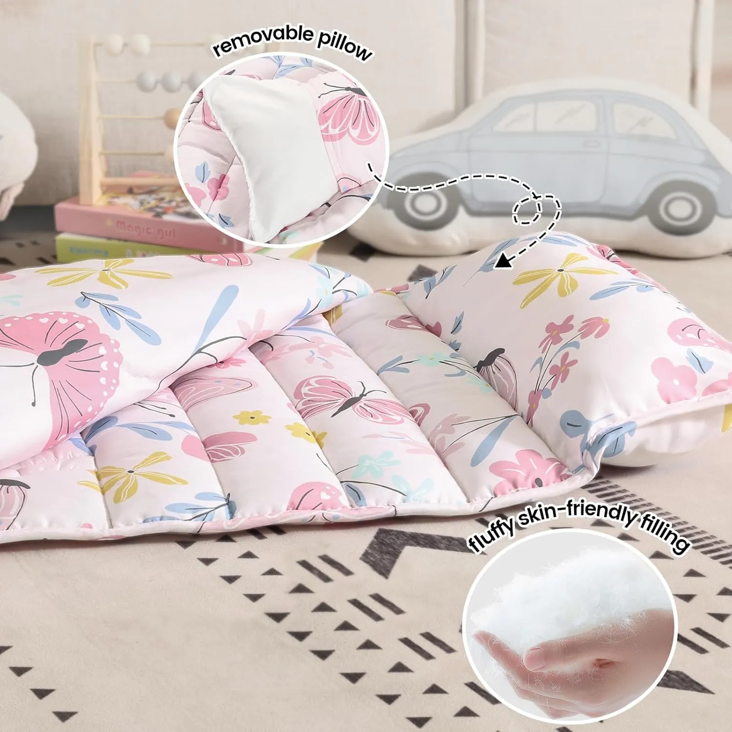 PHF Butterfly Toddler Nap Mat Set, with Removable Pillow for Toddler Girls, Soft and Lightweight for Daycare, Preschool, Travel, Kindergarten Sleeping Bag, Fits Ages 3-6 Years, Butterfly