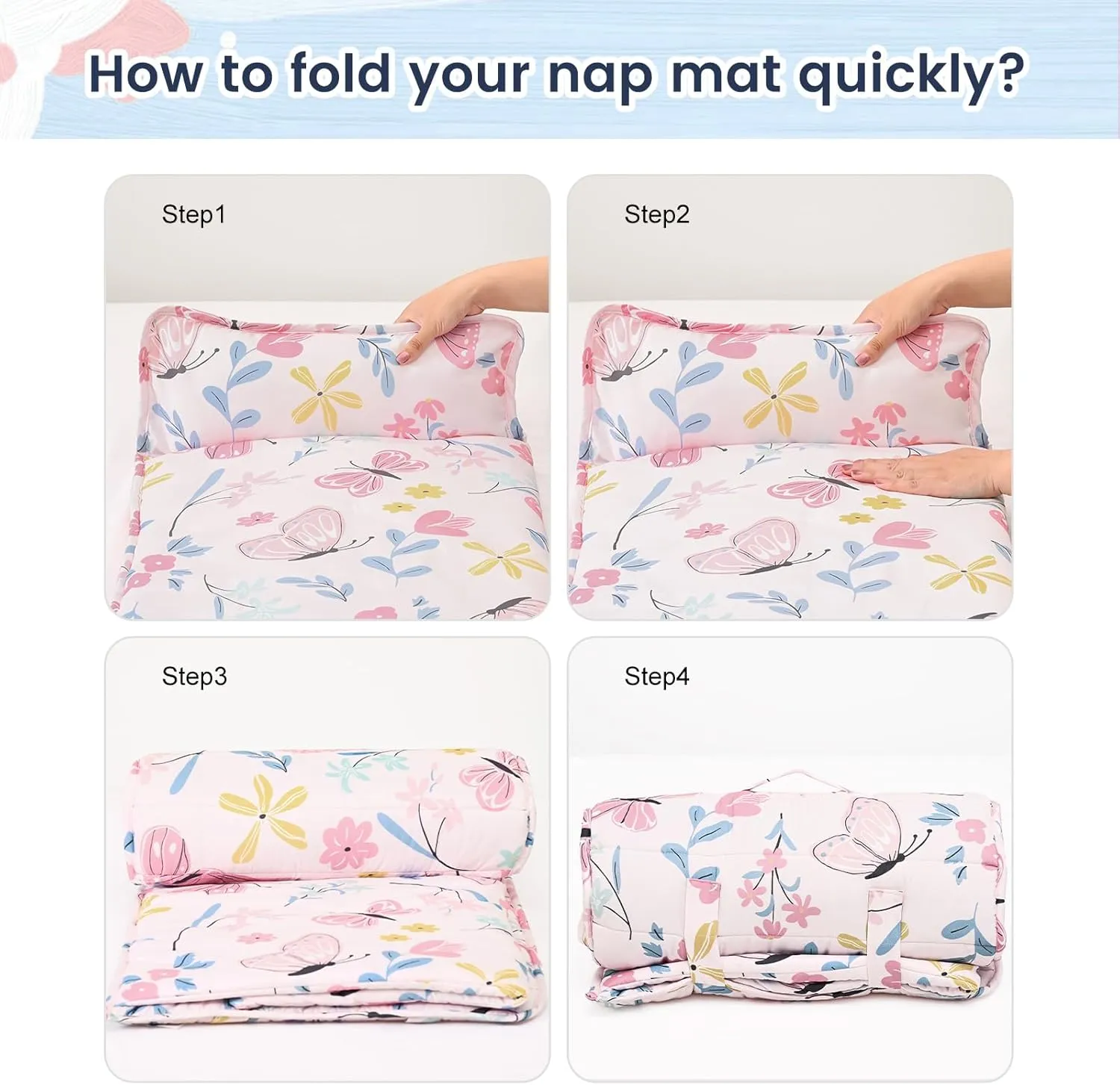 PHF Butterfly Toddler Nap Mat Set, with Removable Pillow for Toddler Girls, Soft and Lightweight for Daycare, Preschool, Travel, Kindergarten Sleeping Bag, Fits Ages 3-6 Years, Butterfly