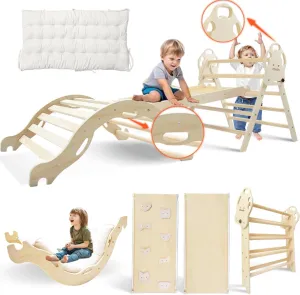 Pikler Triangle Set 7in1 Montessori Foldable Wooden Baby Climbing Toys for Toddlers 18months-6years Inside Jungle Play Gym for Kids,Indoor Playground with Ramp,Arch and Ladder