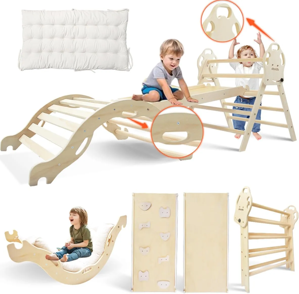 Pikler Triangle Set 7in1 Montessori Foldable Wooden Baby Climbing Toys for Toddlers 18months-6years Inside Jungle Play Gym for Kids,Indoor Playground with Ramp,Arch and Ladder