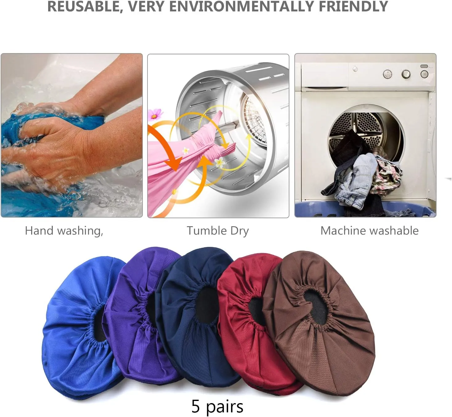 PlasMaller 5 Pairs Non Slip Washable Reusable Shoe Covers Cotton and Polyester for Household Thickened Boot Covers, 5 Colors, L