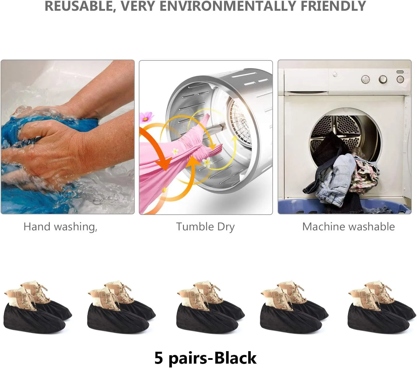 PlasMaller 5 Pairs Non Slip Washable Reusable Shoes Covers For Household Thickened Boots, Black, S