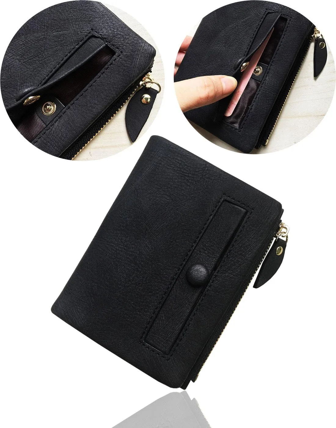 PofeeXIO Womens Wallets Small Rfid Ladies Bifold Wallet With Zipper Coin Pocket,Mini Purse Soft Compact Thin (Dark black)