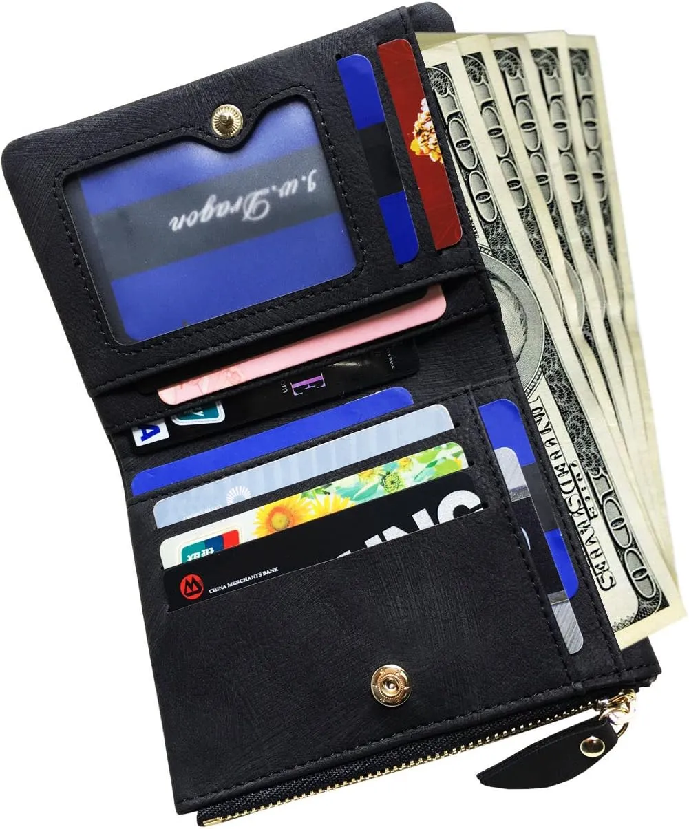 PofeeXIO Womens Wallets Small Rfid Ladies Bifold Wallet With Zipper Coin Pocket,Mini Purse Soft Compact Thin (Dark black)